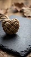 Rustic rope heart knot on dark slate stone surface with natural jute cord in background for romantic crafts and nautical decor projects.