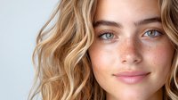 Young woman with natural freckles, wavy blonde hair and blue eyes smiling gently against light background. Close up beauty portrait showing fresh glowing skin.