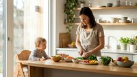 Mother and toddler son cooking together in modern kitchen, woman preparing healthy meal while child watches from wooden table, family bonding time.