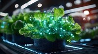 Fresh green lettuce leaves in black pot with magical glowing sparkles and bokeh lights creating ethereal atmosphere for food photography and creative design.