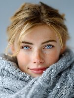 Young Caucasian woman with striking blue eyes and natural freckles wrapped in cozy gray knit scarf, gentle smile and blonde hair, soft natural lighting creates intimate portrait.