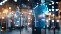 Glowing holographic t-shirt projection floating in dark space with sparkles and bokeh lights creating futuristic retail display atmosphere for fashion technology concept.