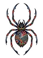 Ornate spider with decorative floral patterns and colorful embellishments on isolated white background, ready for design applications like apparel and clipart.