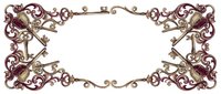 Ornate steampunk frame with brass gears, keys, and burgundy scrollwork forming decorative border on white background for design projects.
