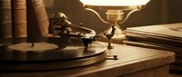 Vintage vinyl record player on wooden table with warm lamp glow and old books, evoking nostalgia and retro music atmosphere.