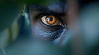 Close-up macro shot of intense amber colored human eye with detailed iris pattern and reflection, framed by dark skin and natural foliage creating dramatic atmosphere.