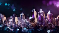 Mystical amethyst and clear quartz crystal points with purple and blue bokeh lights creating magical atmosphere for spiritual and wellness backgrounds.