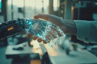 Human and robotic hands reaching towards each other in futuristic handshake with glowing cyan technological elements against blurred office background.