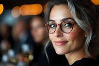 Smiling blonde woman wearing stylish round glasses with blurred bokeh lights background. Professional portrait capturing genuine expression and modern eyewear fashion.