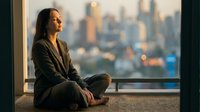 Young professional woman meditating by window with city skyline view during golden hour, practicing mindfulness and wellness in modern apartment.