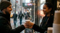 Young man and woman exchanging coffee cups through window glass in urban setting, casual street interaction, casual dating or friendship moment in city environment.