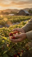 Farmer hands holding fresh strawberries at sunset in agricultural field with barn and mountains in background during golden hour harvest time.
