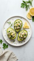 Avocado halves filled with shrimp salad, garnished with fresh dill and parsley, served on white plate with lemon wedges for healthy seafood appetizer.