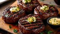 Grilled beef tenderloin steaks topped with herb butter on wooden cutting board. Juicy meat with charred grill marks and fresh parsley garnish served with sauce.