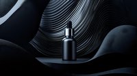 Black matte cosmetic dropper bottle on dark wavy background with abstract curved lines. Minimalist luxury skincare product presentation for beauty brands.