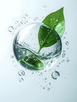 Fresh green leaf in water sphere with splashes and bubbles against light background, natural eco concept for skincare and cosmetic products.