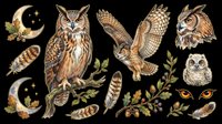 Owl clipart set with perched and flying owls, owlet, feathers, oak branches, acorns, crescent moon, and eyes, isolated on transparent background for stickers, sublimation, t-shirt design.