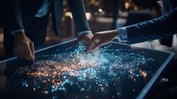 Business people analyzing glowing data visualization on interactive touchscreen display, digital transformation concept showing network connections.