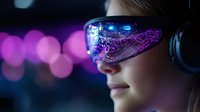 Young woman wearing futuristic virtual reality headset with purple glowing interface reflection against dark background with bokeh lights and neon atmosphere.