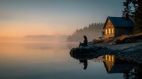 Tranquil lakeside cabin at dawn with silhouette of person sitting on rocky shore, golden light reflecting on misty water surface.