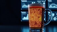 Beer mug with glowing circuit board pattern in futuristic tech environment. Digital technology meets traditional brewing concept for modern bar designs.