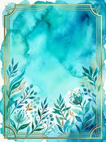 Turquoise watercolor background with gold ornamental frame and botanical foliage elements, suitable for invitations, greeting cards, posters, and digital design projects.
