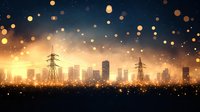 Glowing city skyline silhouette at dusk with power transmission towers and floating golden bokeh lights creating magical urban atmosphere.