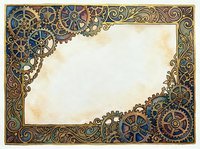 Steampunk ornamental frame with mechanical gears and cogs on aged parchment background, isolated on white for design projects, invitations, and creative layouts.