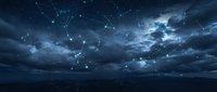 Night sky with constellation patterns connected by glowing lines over dramatic cloudy landscape. Astronomy stargazing celestial navigation concept.