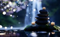 Zen stones pyramid with glowing candles on moss covered rock near waterfall, magical bokeh lights and water drops creating peaceful spa atmosphere.