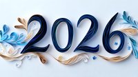 Decorative numbers 2026 in navy blue with elegant paper art swirls and floral elements in light blue and beige tones on light background.