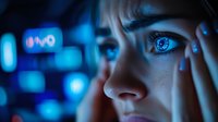 Close up portrait of young woman with glowing blue eyes in dark environment with neon lights and digital reflections, cyberpunk style atmospheric lighting.