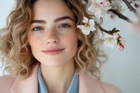 Young woman with natural makeup and curly blonde hair smiling gently near blooming spring cherry blossoms, wearing pink blazer and denim shirt, fresh spring beauty portrait.