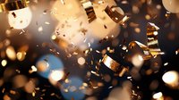 Golden confetti and metallic ribbons falling with blurred bokeh lights creating festive atmosphere for celebration, party or special event background.