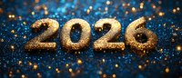 Golden 2026 numbers on dark blue glitter background with bokeh effect, festive celebration concept for upcoming year.