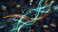 Abstract flowing energy waves with glowing cyan and golden light streams creating dynamic motion against dark cosmic background with sparkling particles.