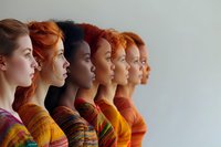 Diverse women with different skin tones and red hair shades stand in profile line wearing autumn-colored knit sweaters against light background. For diversity campaigns.