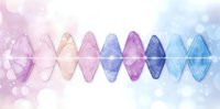Colorful abstract sound wave visualization in pink, purple and blue gradient with bokeh effect and light particles on soft blurred background.