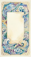 Watercolor decorative frame with swirling clouds and waves in blue, purple, and gold tones, Asian style border with empty center copy space.