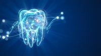 Digital tooth hologram with glowing neural network connections on blue background for dental technology and healthcare innovation concepts.