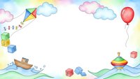 Colorful children toys frame with kite, balloon, boat, blocks and spinning top on watercolor background. Playful border design for kids content.