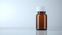 Amber glass medicine bottle with white plastic cap on reflective surface against light background. Clean pharmaceutical container for medical storage.
