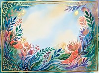Watercolor floral frame with gold border, colorful flowers and leaves on soft blue background, copy space for text or greeting card design.