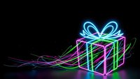 Neon gift box with glowing ribbon bow on black background. Colorful electric light trails create festive holiday celebration atmosphere for digital art.