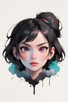Young Asian woman portrait with pink eyes and black hair in anime style, surrounded by turquoise watercolor smoke effects and ink drips on light background.