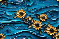 Yellow sunflowers with green leaves on textured blue waves background, oil painting style artwork with raised brush strokes and dimensional effect.