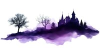 Mystical castle silhouette on purple watercolor mountain landscape with bare trees and evergreens against dramatic twilight sky, creating ethereal fantasy scene.