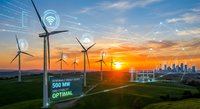 Wind turbines generating renewable energy at sunset with digital technology interface displaying power output and connectivity icons over landscape.