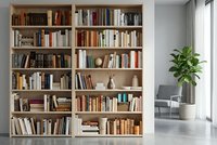 Modern home library with wooden bookshelf filled with colorful books in contemporary living room interior with natural light and minimalist decor.