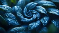 Macro shot of dark blue rose petals in spiral pattern with morning dew drops creating magical atmosphere. Natural floral background with water droplets.